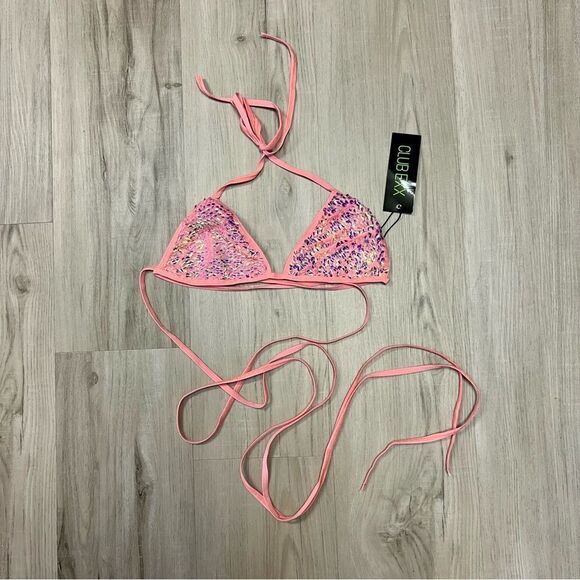 Club Exx x Dolls Kill triangle bikini top coral stretch sparkle festival szL - Picture 15 of 15
